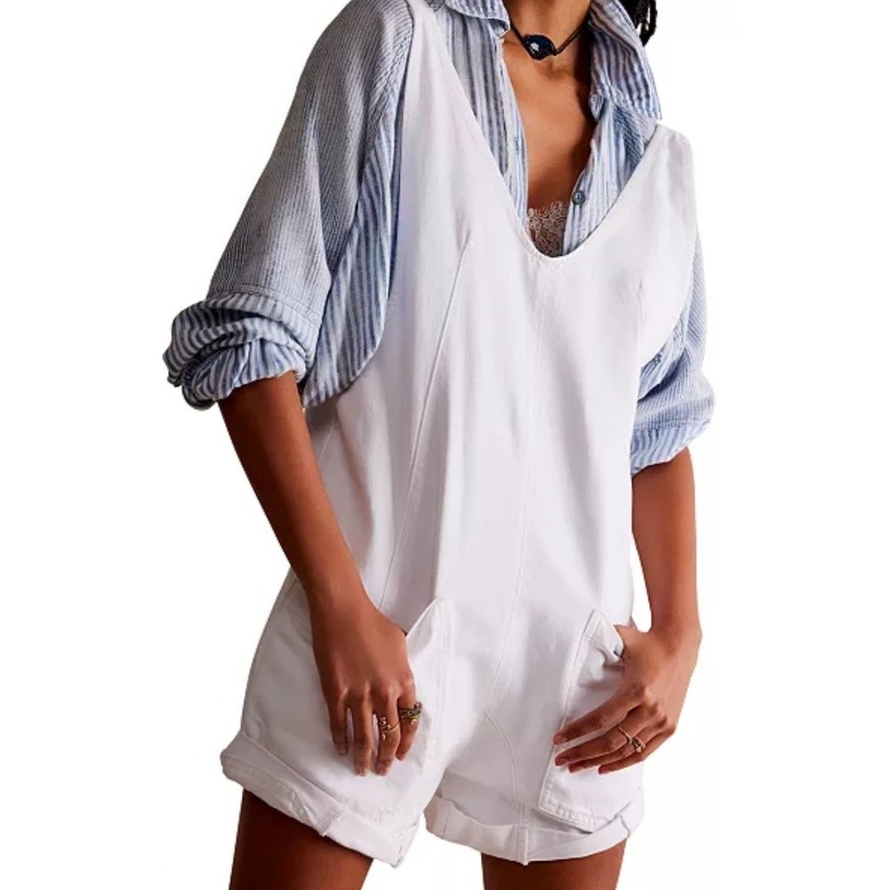 Free People White Playsuit/overall shorts